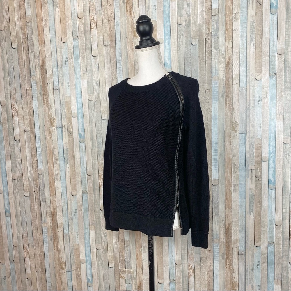 Vince S Black Leather Trim Zipper Textured 100% Wool Knit Sweater Pullover - Picture 2 of 14